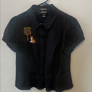 Collectif Black Top with Fox and Tree Embroidery